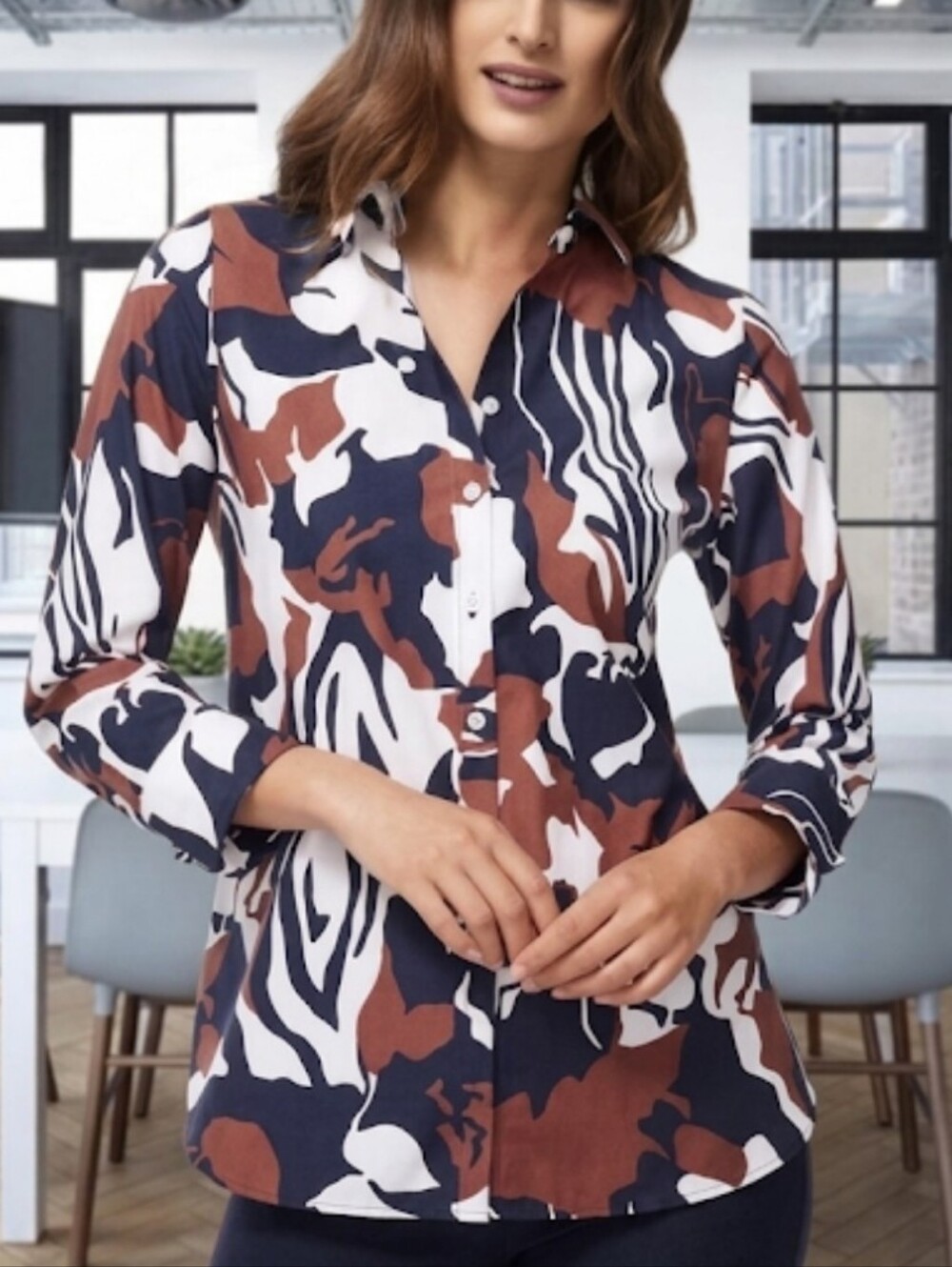 Chico's Multicolor Abstract Geometric Button Down Shirt Blouse Size 14